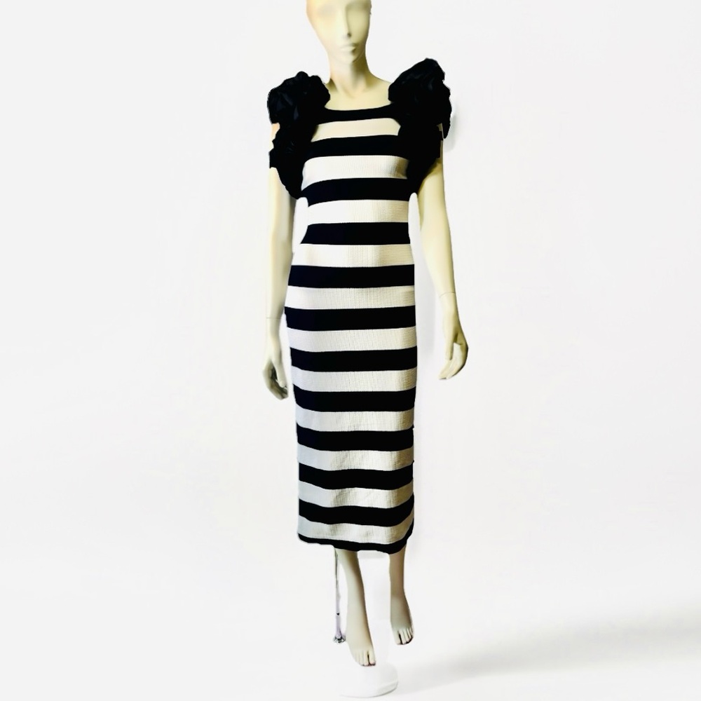 Moon Couture Avant Garde Striped Black & White Maxi Dress w/ Exaggerated Ruffles